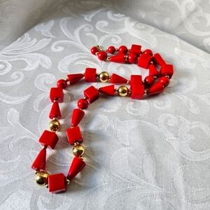 Vintage Red and Gold Lucite Geometric Shaped Bead Necklace